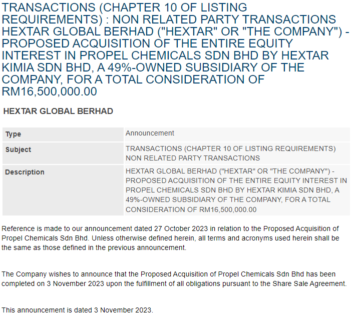 Acquisition Of The Entire Equity Interest In Propel Chemicals Sdn Bhd By Hextar Kimia Sdn Bhd